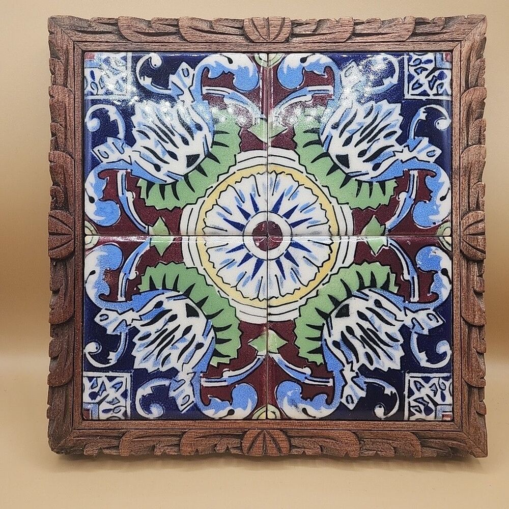 Vintage Mexican Ceramic Tile Hanging Trivet Footed Carved Wooden Frame SEASA MCM